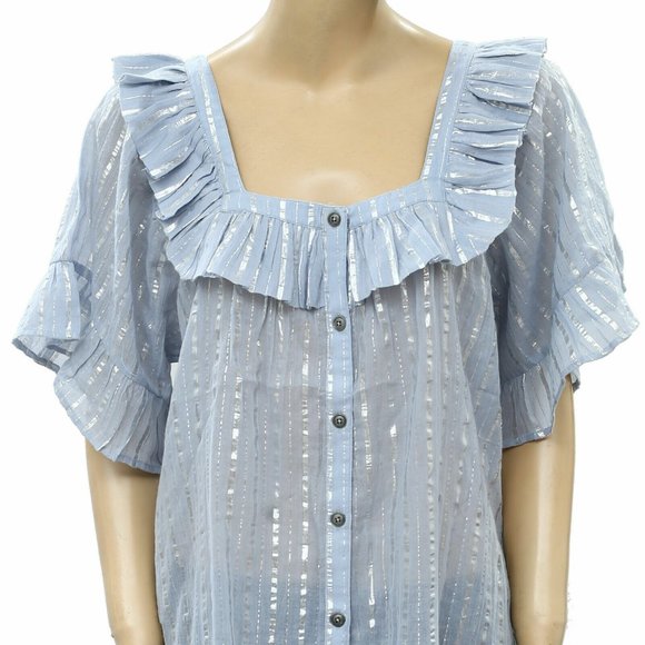 Anthropologie Leora Shimmer Metallic Stripe Blouse Top Buttondown Flowy L - Picture 2 of 4